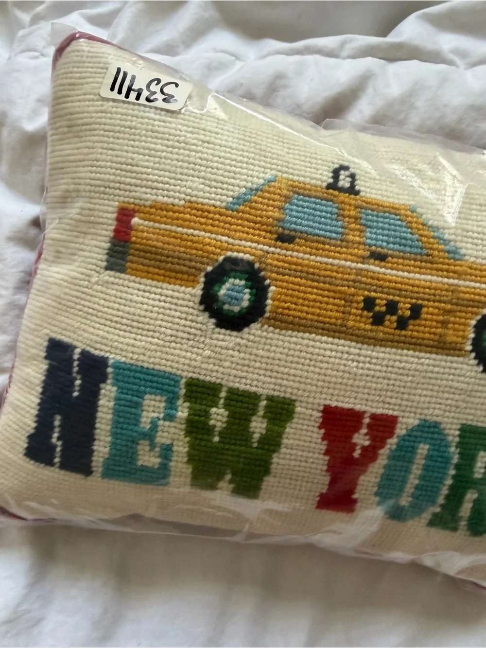 Jonathan Adler Yellow Taxi New York Needlepoint Pillow with Multicolor Lettering